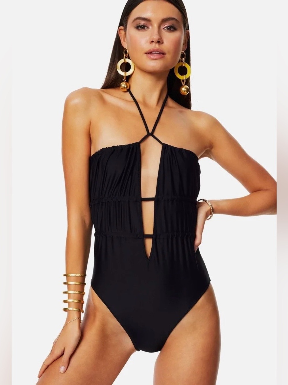 RAMY BROOK MARLA Strapless suit black suit. Ruched sides and tassels. SIZE XXS